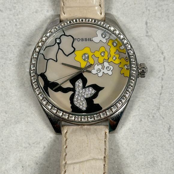 Fossil Accessories - Fossil Watch Womens 42mm Floral Rhinestone Dial Bezel Silver Tone New Battery